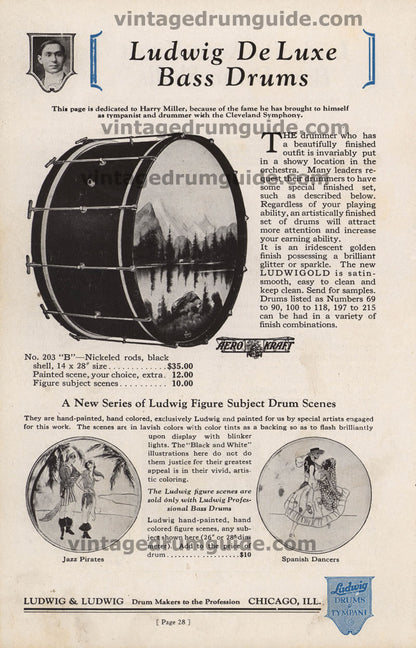 Ludwig 1928 Vintage 14" x 28" painted-scene Bass Drum